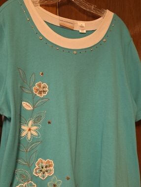 Alfred Dunner Teal Short-Sleeve Top with Floral Embroidery